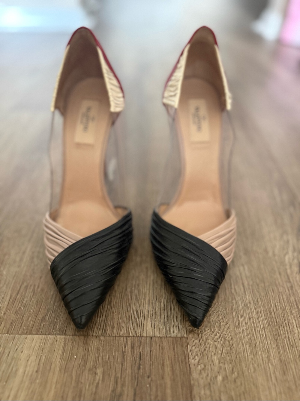 Valentino Garavani Two-Tone Pointed D'Orsay Heels in Black, Nude & Red Trim